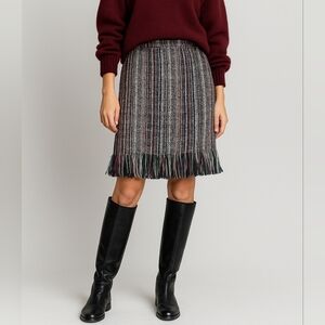 Maeve Anthropologie Tweed Pencil Skirt Fringe Hem Exposed Back Zipper Size 12